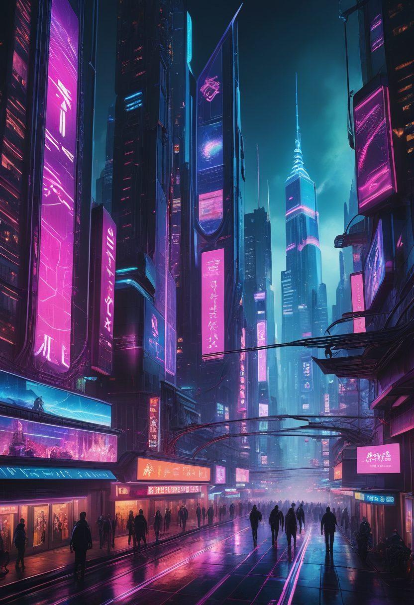 A vibrant cityscape featuring futuristic buildings and people engaging with advanced technology, such as holographic displays and wearables. Include diverse individuals embodying a geek lifestyle, showcasing gadgets and innovations, with an engaging tech atmosphere. The sky is filled with drones and digital elements portraying connectivity. super-realistic. vibrant colors. cyberpunk.