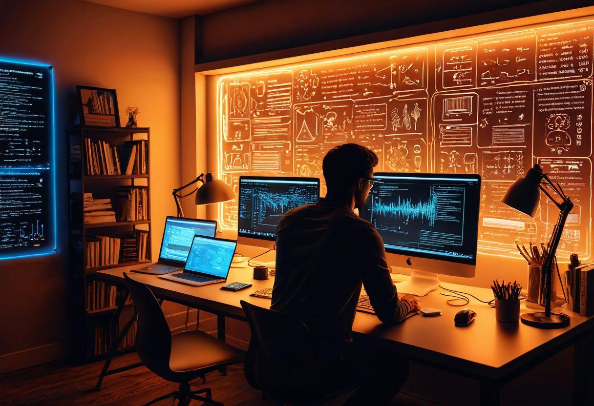 An intricate workspace filled with various tech gadgets, books on programming and innovations, and a glowing laptop screen showcasing code. A person is intently focused on their work, surrounded by visual tutorials and diagrams on the walls. The scene radiates creativity and innovation with a warm, inviting atmosphere. super-realistic. vibrant colors. 3D.
