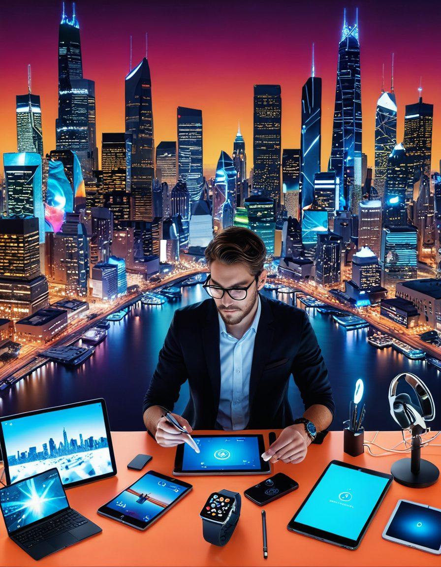 A vibrant collage showcasing an array of gadgets such as smartphones, tablets, and smartwatches, surrounded by illustrated guides and manuals. In the foreground, a tech enthusiast examines these devices with curiosity, while a futuristic city skyline looms in the background. The color palette should be bold and engaging, accentuating the technological theme. Include light effects to suggest innovation and excitement. vibrant colors. super-realistic.
